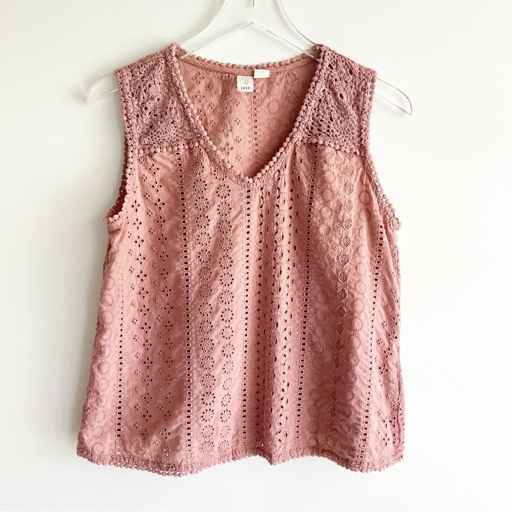 Joie Medium Eyelet Top Sleeveless V Neck Pink 100% Cotton Summer Cottage Picnic